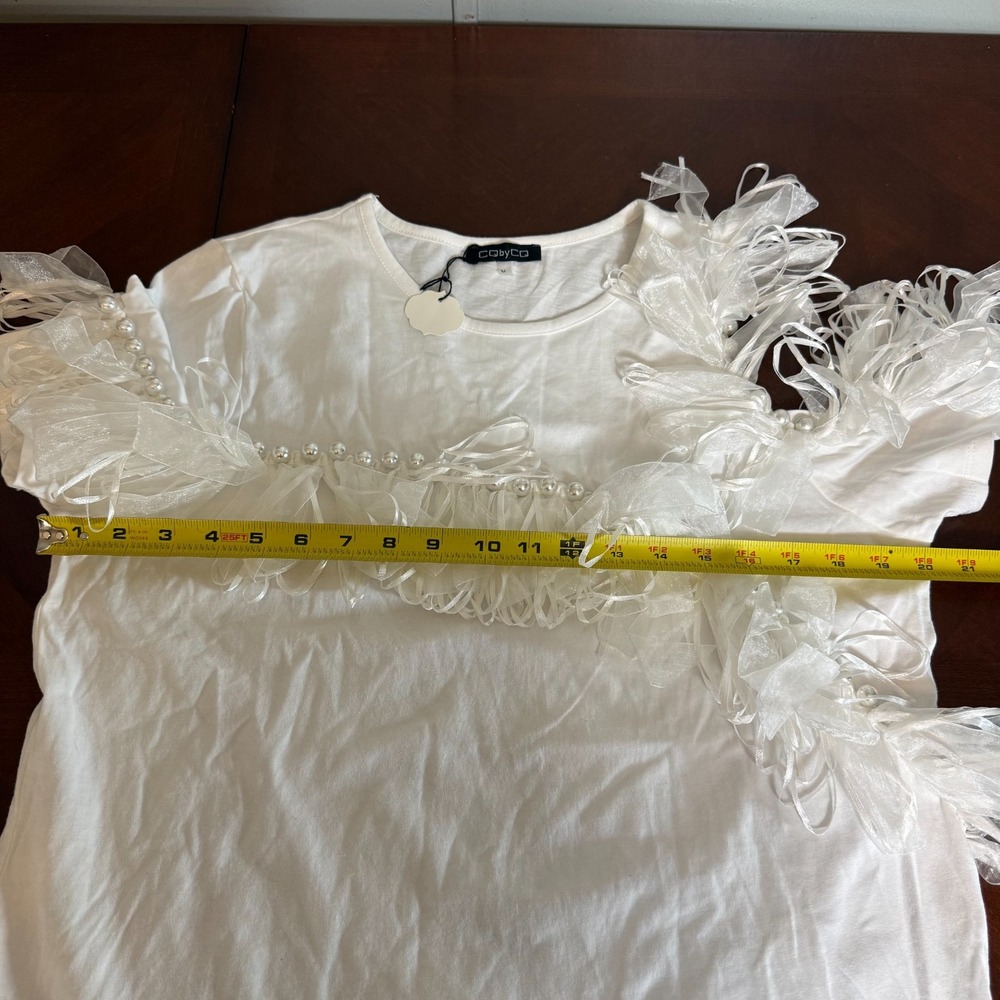 White‎ Ruffle Pearl Embellished Top Romantic Statement Elegant Feminine Blouse M - Picture 6 of 9